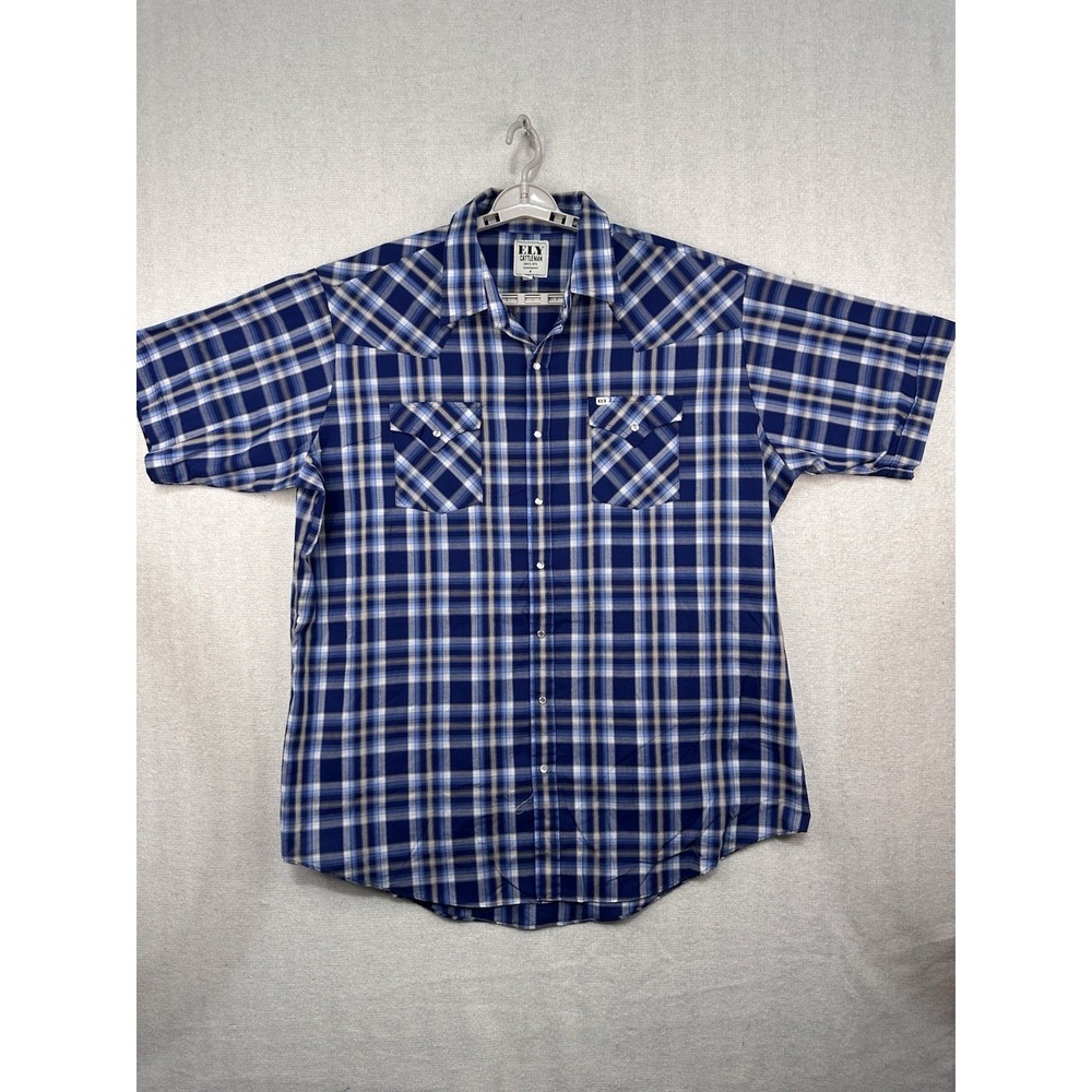 Ely Cattleman XXL Tall Pearl Snap‎ Blue Plaid Western Rancher Cowboy